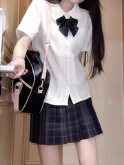 Short Sleeves Version White Preppy Style Pleating Details Shirt