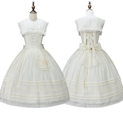 Beige Sailor Lolita Overall Dress with Lace Trim and Pocket Accent