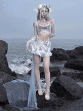 Lace Applique Dusty Blue Velvet Camisole with Detachable Bead Chains