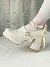 White Satin Detachable Bowknot Lily of the Valley Embroidery Middle Heels Mary Janes
