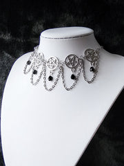 Silver Gothic Punk Pentagrams Choker