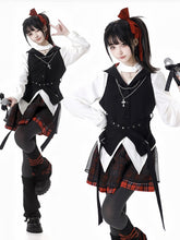 Red Plaid Hood Black Curved Hem Idol Vest with Adjustable Waist Belt