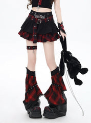 Y2K Black and Red Plaid Buckle Belt Design Lined Tiered Skirt with Cross Garter