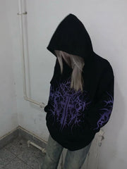 Gothic Black Zip-Up Hoodie with Purple Cross Print