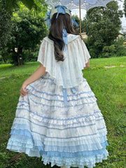 Short Version Blue & White Floral Print Layered Ruffles Elegant Classic Lolita Dress