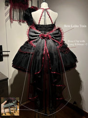 Black & Red Lace Trim Gothic Lolita Dress+Train+Headpiece+Detachable Sleeves+Waist Accessory+Wing Full Set – Curve-Friendly Fit