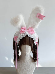 Red/Pink/Light Pink Plush Bunny Ear Lolita Hairband with Polka Dot Bows and Lace Trimmings