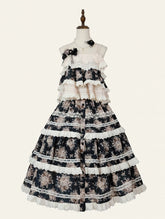 Rosette Floral Print Black Front Button Placket Pink House Style Lolita Skirt