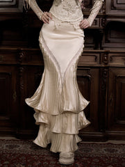 Pleated Design Layered Flowing Flounce Hem Light Beige Mermaid Skirt