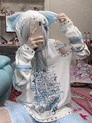 Skeleton Print Kitty Ears White Hoodie with Detachable Sleeves and Tail