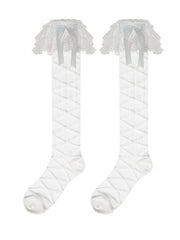 White Lolita 3-Layer Lace Tulle Trim Calf Socks with Strappy Pattern and Bow Decoration