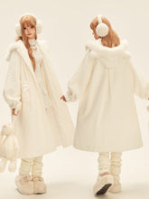 White Mid-Length Cat Ear Hood Coat with Bow-Accented Pockets