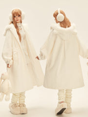 White Mid-Length Cat Ear Hood Coat with Bow-Accented Pockets