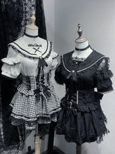 Jirai Kei Short Sleeves Blouse Black/White with Beaded Sailor Collar & Cutout Shoulder