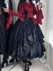 Wine Red Gothic Lolita Cascading Ruffle Tail Shirt + Black Boned High Waist Skirt