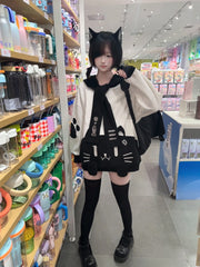 Otaku-Kawaii Black and White Softgirl Sweatshirt with Grumpy Cat Embroidery & Detachable Sailor Collar