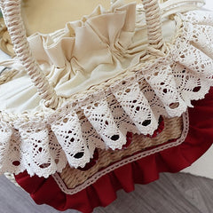 Sweet Lolita Strawberry Lace Details Straw Tote Bag