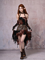Wasteland Punk Brown PU & Wine Red and Black Tie-Dye Skirt with Handkerchief Hem