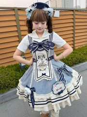 Blue & White Striped Sailor Lolita Dress with Anchor Motifs and Cat Embellishments