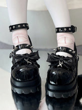 Studs Decor, Cross Details & Bow at Top PU Leather Polished Black Platforms in Punk Style