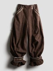 Urban Goth Dark Coffee Thick Embroidered Striped Wide-Leg Pants with Leg-Cuff Design
