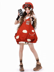 Red Mushroom Sweet Lolita Dress Cloud Applique Bubble Jumper Skirt with Scarf