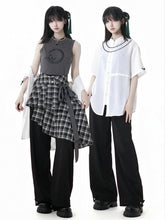 Black and White Asymmetrical Flounce Hem Plaid Skirt with Self-Tie Strap