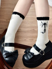 Black Fork Spider Polka-dot Pattern Lolita Calf Socks