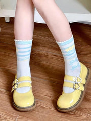 Blue Lemon Bowknot Print Ruffle Trims Sweet Lolita Calf Socks