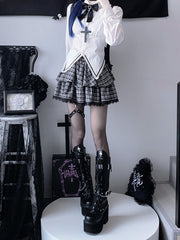 Black&White Gothic Set: White Shirt+Plaid Skirt+Pointed Flat Collar Cropped Blazer+A Bow Tie