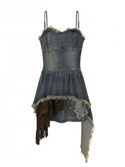 Plus Size Y2K Gray-Blue Distressed Denim Slip Dress with Layered Asymmetrical Hem & Star Patch
