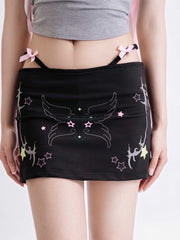 Y2K Gyaru Black Bodycon Skirt with Reflective Lining and Rhinestone Star Design