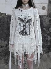 White Angel Print Cutout Shoulders Punk Oversize Sweat Shirt