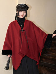 Red New Year Cape Coat - Tassel Embellished Button Placket & Plush Sleeve Cuffs