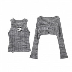 Y2K Gray Skeleton Pattern Distressed Holes Tank Top with Cardigan Glamorous Set