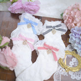 white Jirai Kei Ruffled Cuff Socks with Four Colors Strawberry Print and Bowknot