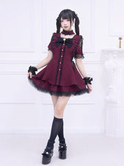 Jirai Kei Wine Red Set: Mini Dress with Side Lace-up & Black Lace Trim and Matching Skirt