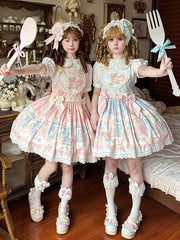 Teddy and Bunny Plush Toy Print Pink Sweet Lolita Overall Dress