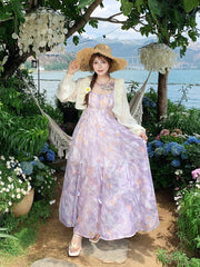 Plus Size Purple Bowknots Details Chiffon Floral Cami Dress Three Ways Wear