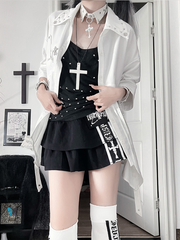 White Punk Short-Sleeve Shirt with Studded Collar & Asymmetrical Hem