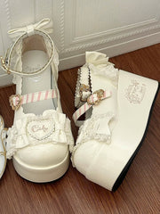 White Sweet Lolita Teddy Bear Themed Platforms with Scalloped Hem, Bow Accents & Heart Snap