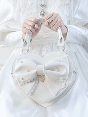 Sweet Lolita Heart-shaped White Hand/Crossbody Bag with Beaded Decorated Bow & Detachable Strap
