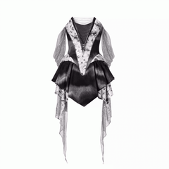 Y3K Fashion Futuristic Black Basque Waist Metal Chains Front Handkerchief Hem Cyberpunk Hooded Dress