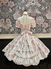 Pink Floral Print Lace Trimmed Elegant Classic Lolita Dress with Bow and Bead Details