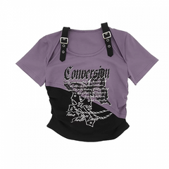 Y2K Red/Pink/Purple Colorblock Cutout Shoulder Butterfly Print T-Shirt Short Version