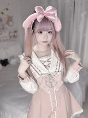 Jirai Kei Navycore Outfit - Pink Sailor Collar Dress Long Sleeves and Matching Shorts
