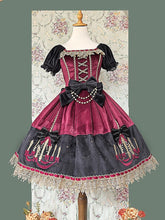 Wine Red Suede Polka Dot Sweet Lolita Dress with Chandelier Print and Black Bows