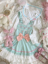 Soft Mint Green Adorable Cat Embroidered Overall Dress / White Sailor Collar Blouse