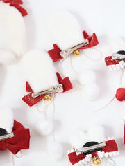 Sweet Lolita Plush Bunny Ear Velvet Bowknot Pom-Pom Hairclip