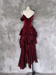 Red Shimmer Asymmetrical Layered Flounce Spaghetti Strap Prom Dress Evening Gown